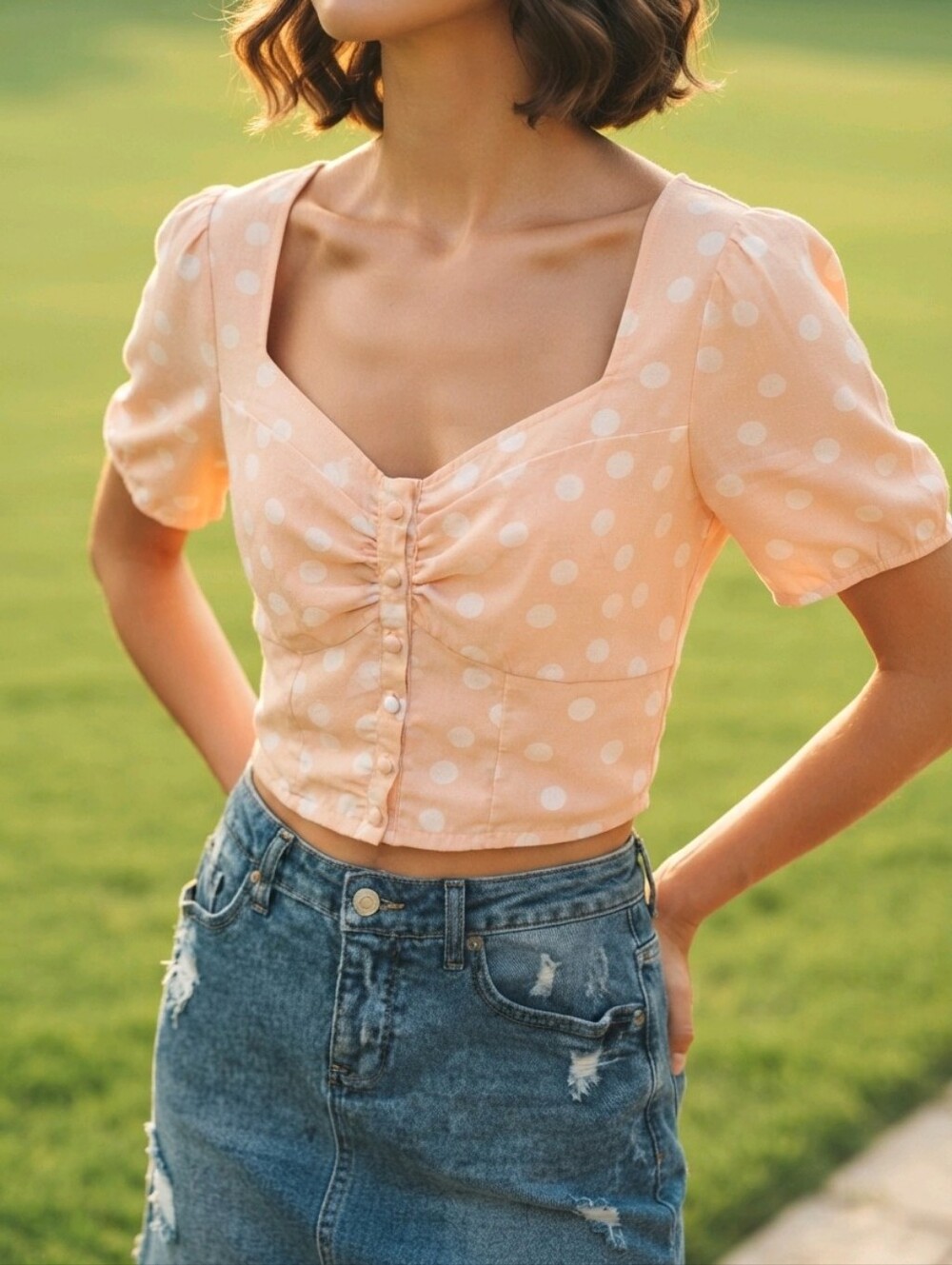 Gianni Bini Peach Polka Dot Puff Sleeve Square Neck Top